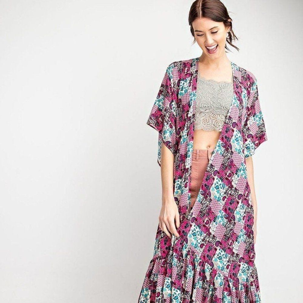 Printed Pink Floral Swim Coverup Kimono
